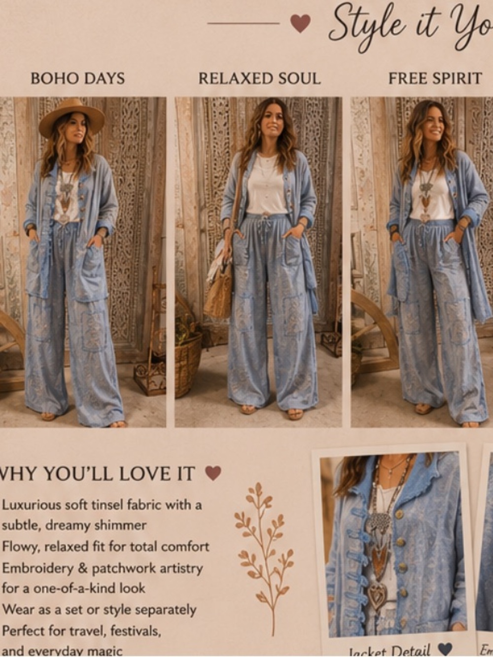 A RARE BIRD Tinsel Dream Light Blue Embroidered Jacket & Wide-Leg Pants Set - Picture 2 of 4